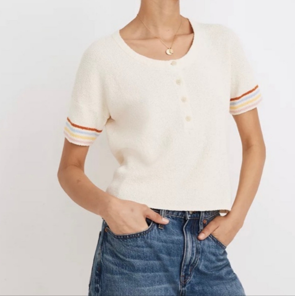 Madewell Cream Short Sleeve Henley Sweater Tee with Striped Cuffs